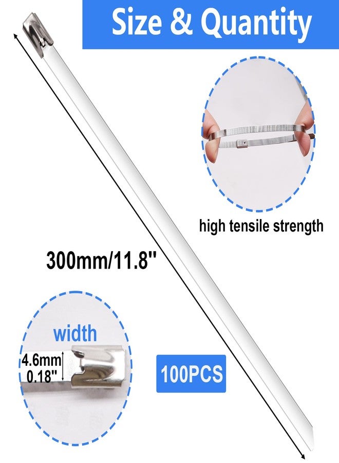 Bemaka 100Pcs Metal Zip Ties 11.8 Inch 304 Stainless Steel Cable Ties Heavy Duty Zip Ties for Outdoor Fence Farm Cable Pipe Garden H-082-100PCS - Image 2
